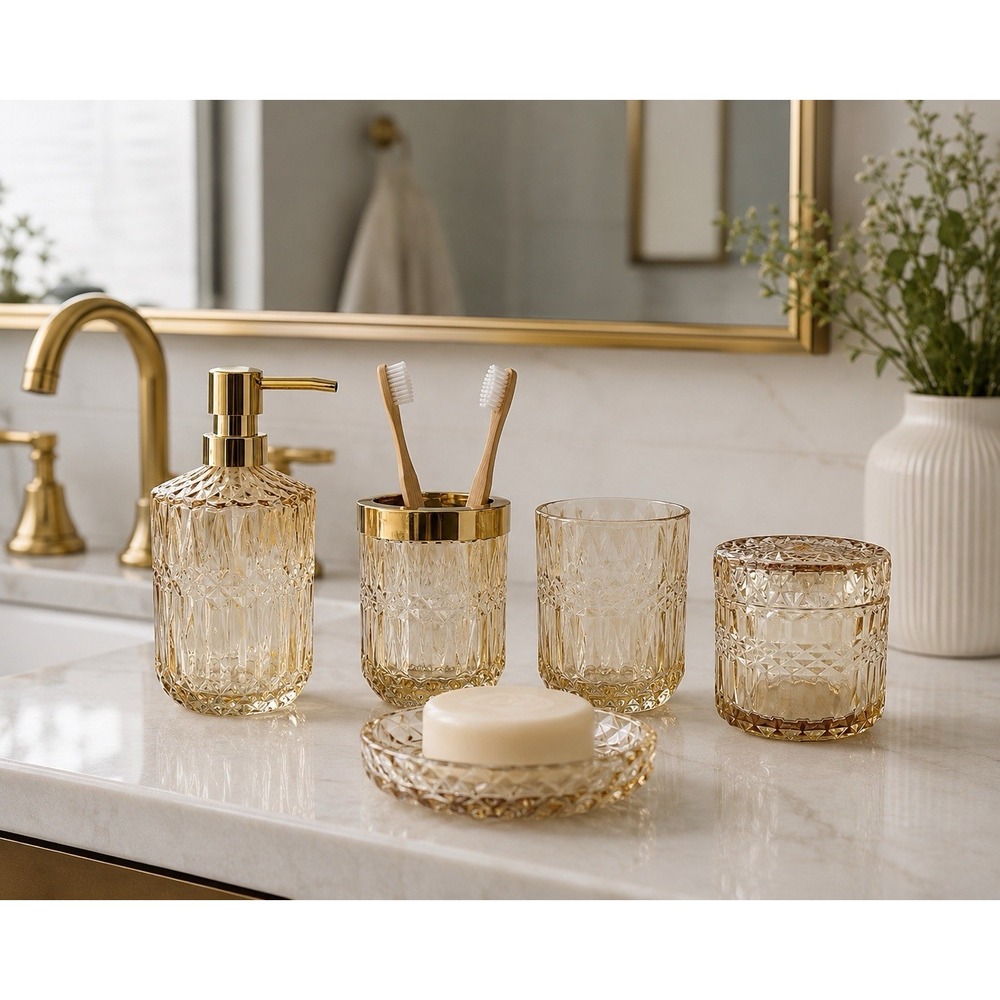 La Marriti 5pc Gold Amber Glass Bathroom Set Dispenser, Toothbrush, Soap NIB